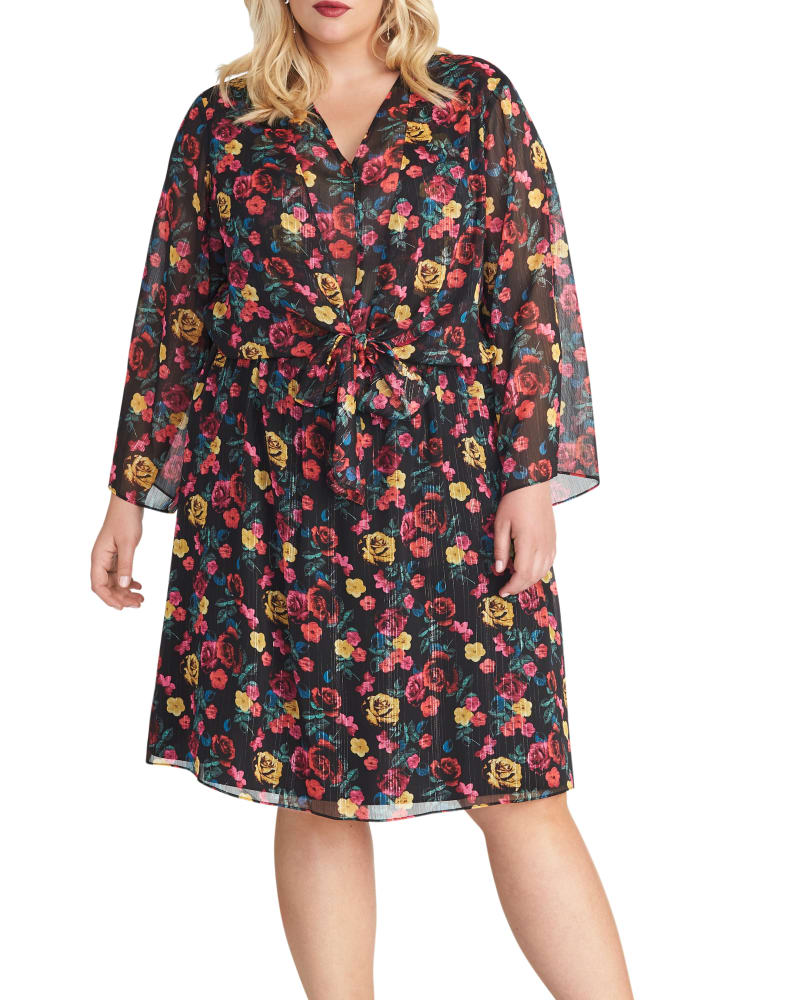 Front of a model wearing a size 1X Rachel Roy Women's Trendy Plus Emma Floral Print Dress Black Size 1X in Black by Rachel Roy. | dia_product_style_image_id:312937